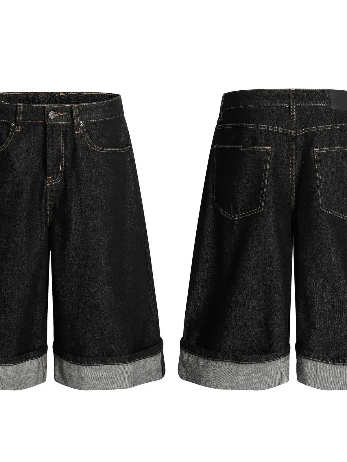Men's relaxed baggy denim shorts with cuffed hem in dark denim, front and back views