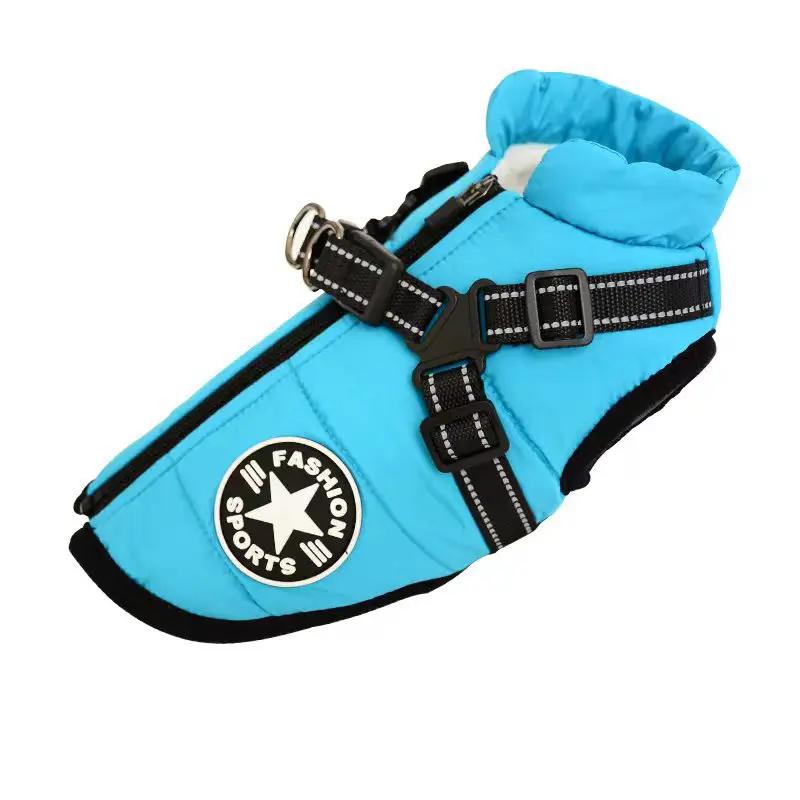 Waterproof dog coat with harness in blue, AdTec quilted winter jacket