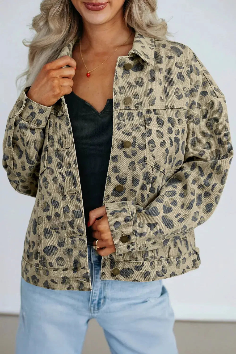 Leopard print denim jacket, button-down, tailored cotton blend in tan