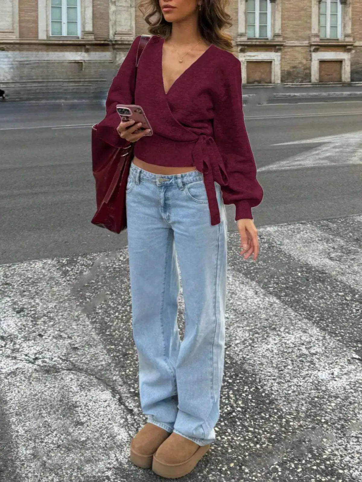 Women's burgundy tie-waist surplice knit sweater in soft stretch fabric