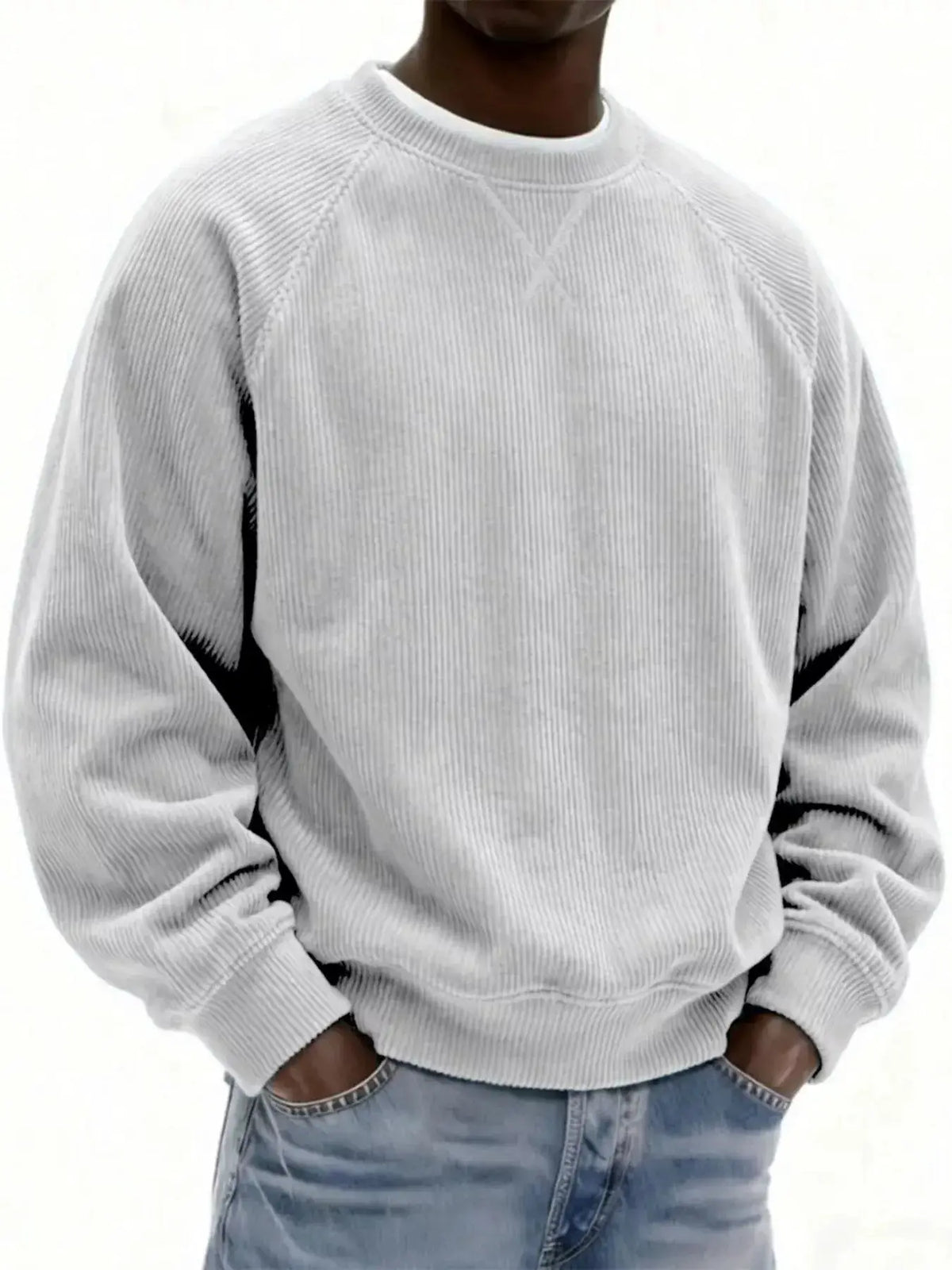 Mens plus-size gray corduroy crew-neck sweatshirt with stretch cotton