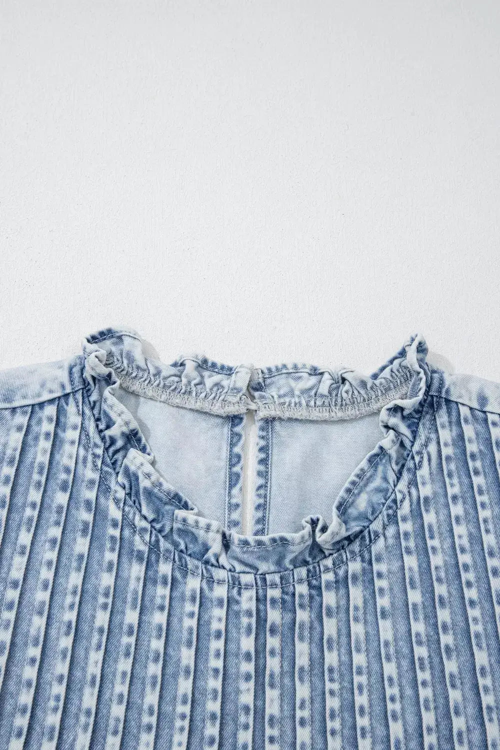 Vintage washed denim top with delicate ruffle neckline and pleats, Trendsi