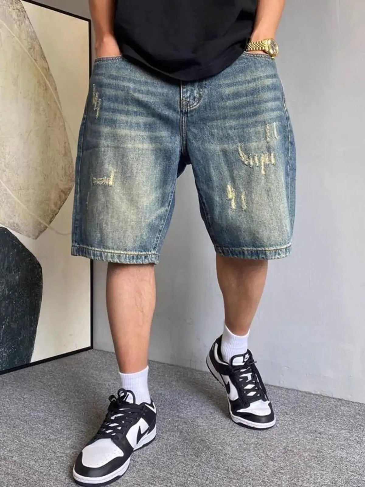 Mens vintage washed distressed denim shorts with gentle stretch, blue denim, Trendsi.