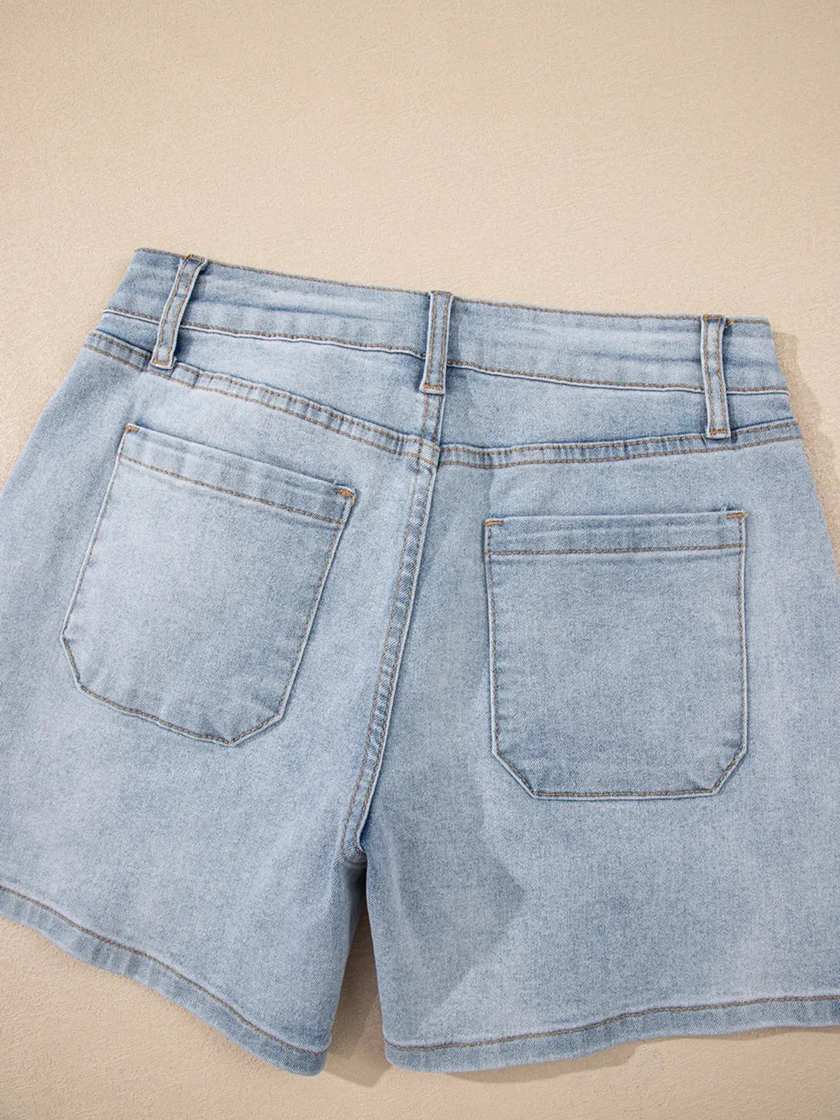 Trendsi Wash High Rise Denim Shorts, light blue denim with two back pockets and belt loops