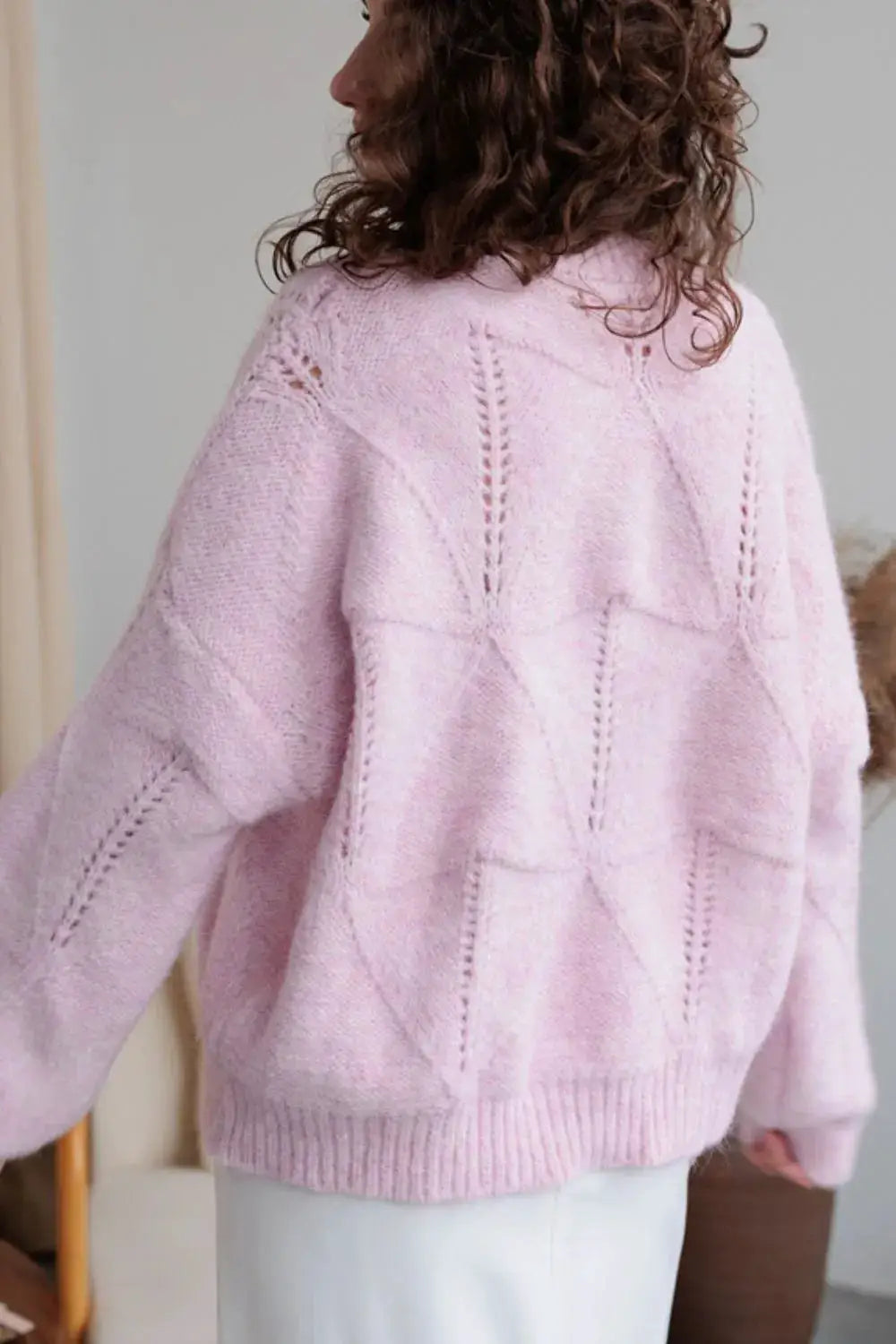 Shimmering Sequin Round Neck Long Sleeve Holiday Sweater pink fuzzy knit with vertical open-knit panels