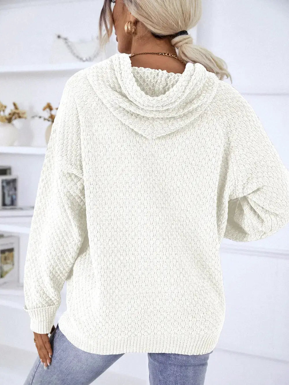 Textured Drawstring Hoodie Long Sleeve Sweater in white premium polyester