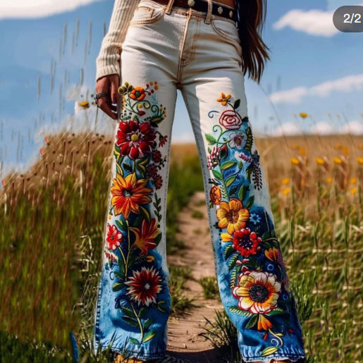 Vintage Artistic Floral Contrast Printed Jeans