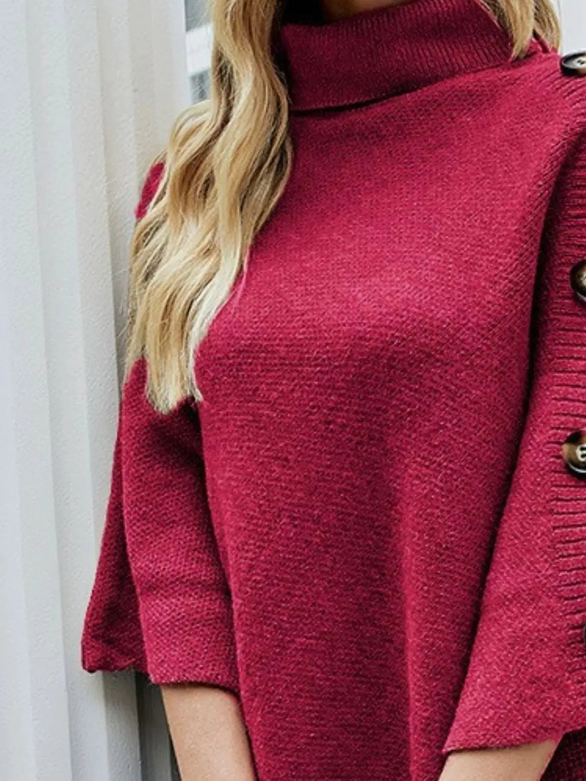 Button Turtleneck Poncho Pullover in burgundy knit with wooden button accents