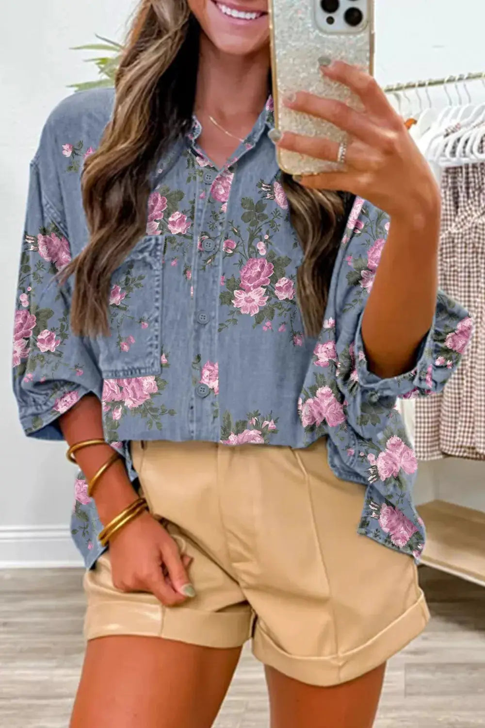 Floral Print Button-Up Denim Shirt, light blue with pink flowers, soft cotton blend
