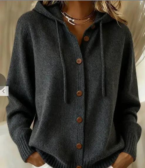 AdTec women's relaxed-fit hooded cardigan, charcoal gray knit with brown buttons and drawstrings
