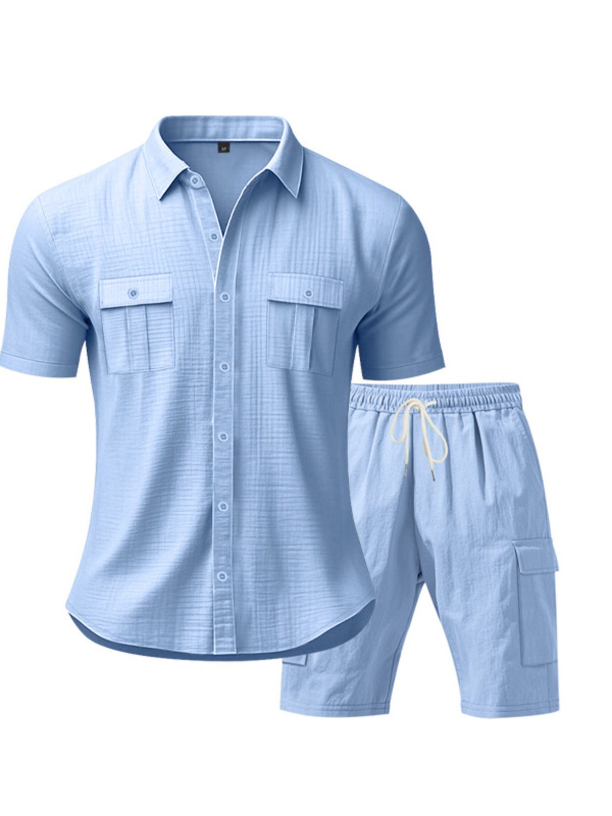 Trendsi men's light blue two-piece short-sleeve button-up shirt and matching shorts set, plus size