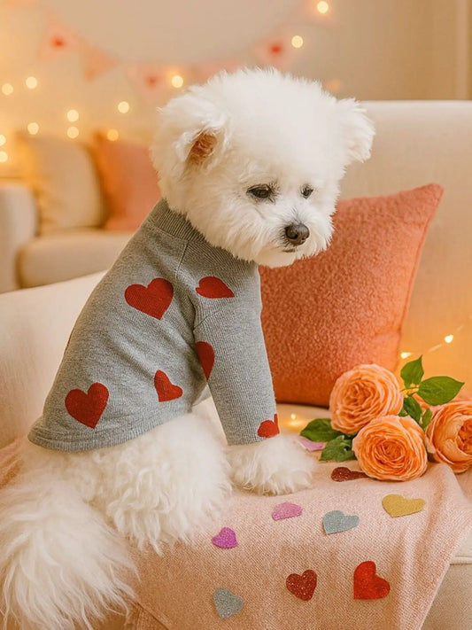 Heart Pattern Pet Sweater, gray knit with red hearts, by Trendsi