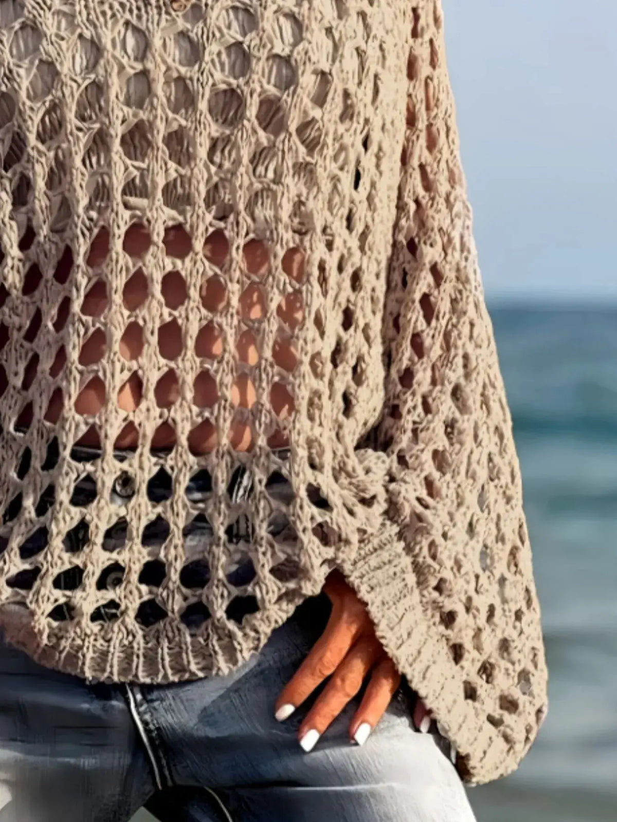 Lightweight crochet long-sleeve beach cover-up cardigan in beige, oversized fit