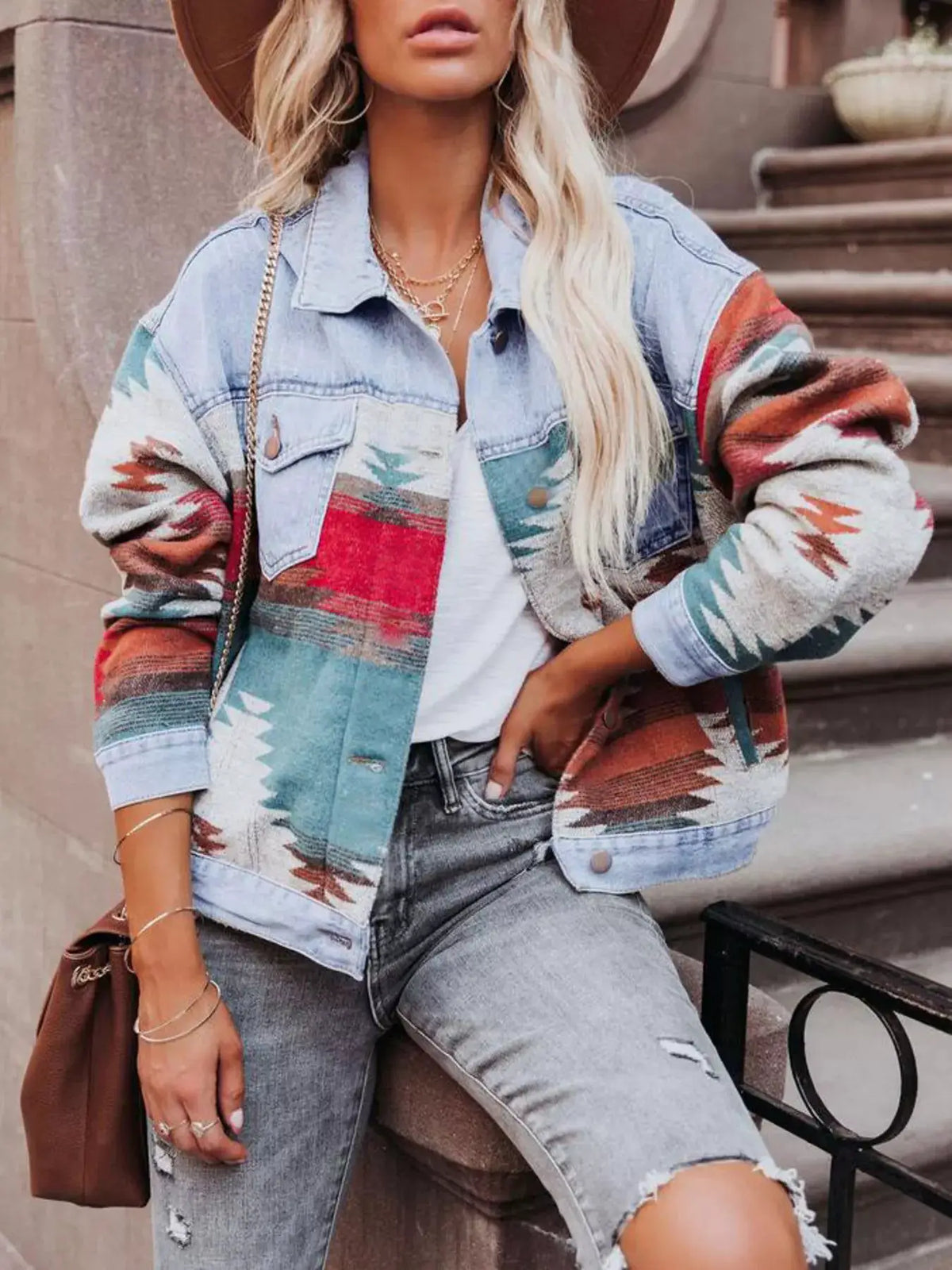 Geometric-print denim jacket with button front and pockets in light wash