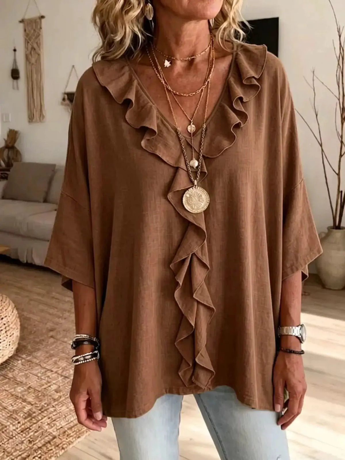Plus-size ruffle V-neck blouse with 3/4 sleeves in brown, by Trendsi