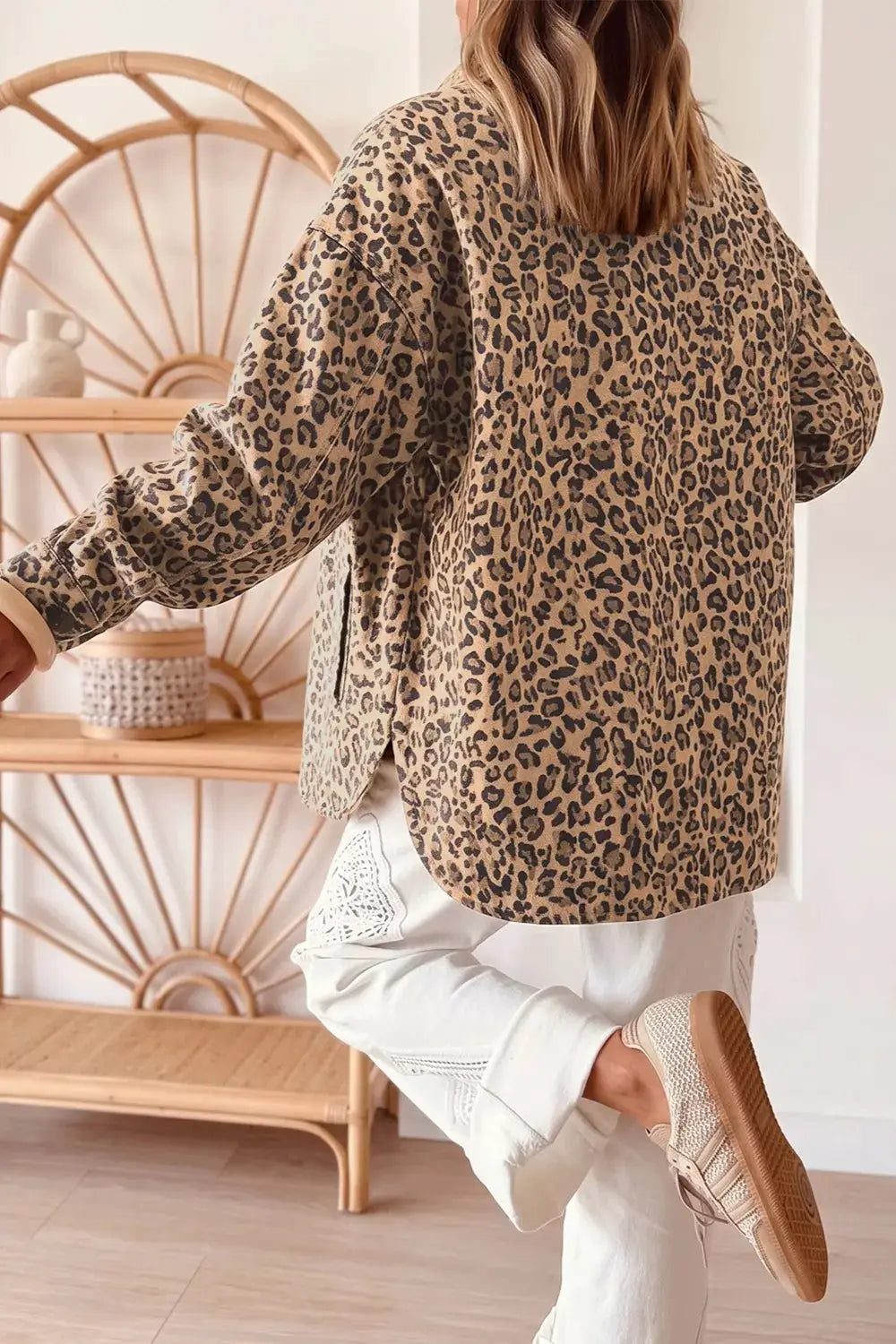 Casual leopard print denim trucker jacket with button front and side pockets