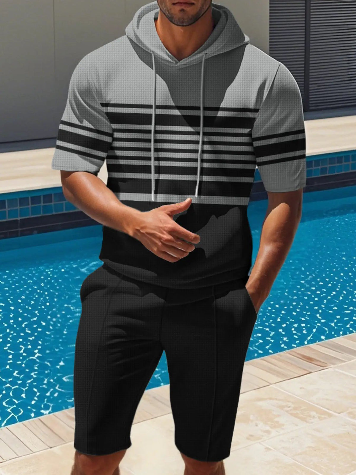 Men's plus-size two-piece striped short-sleeve hoodie and shorts set by Trendsi, gray and black.