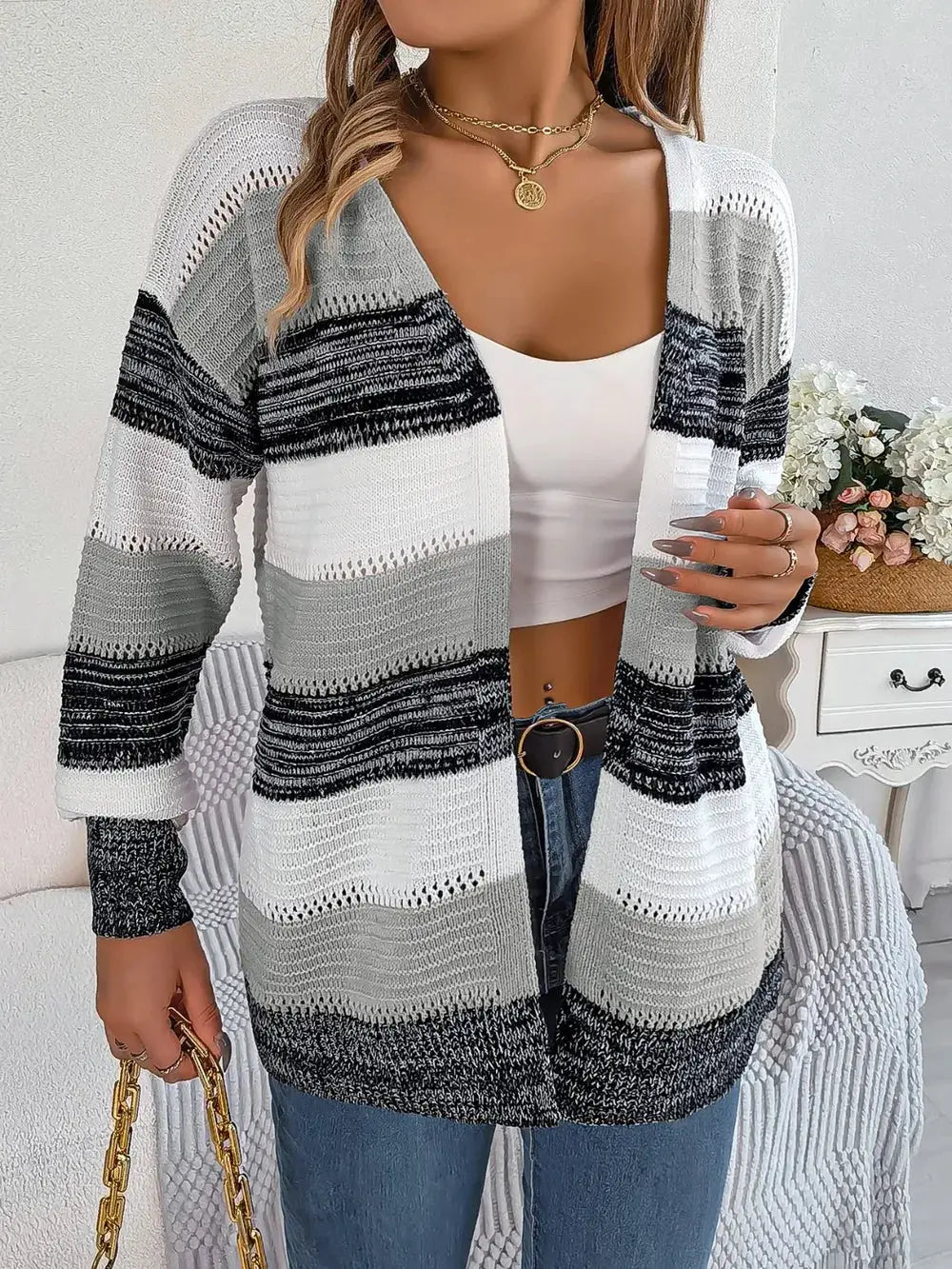 Openwork striped open-front lightweight knit cardigan by Trendsi in white, gray, and black.