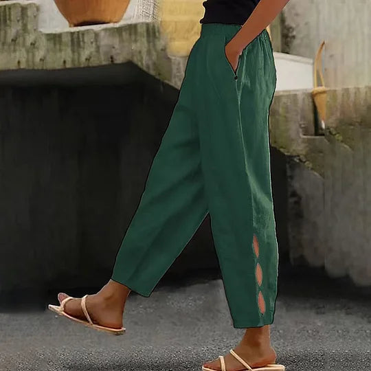 Pantalon d'été pour femme, détails creux à la cheville, avec boutons à l'ourlet
