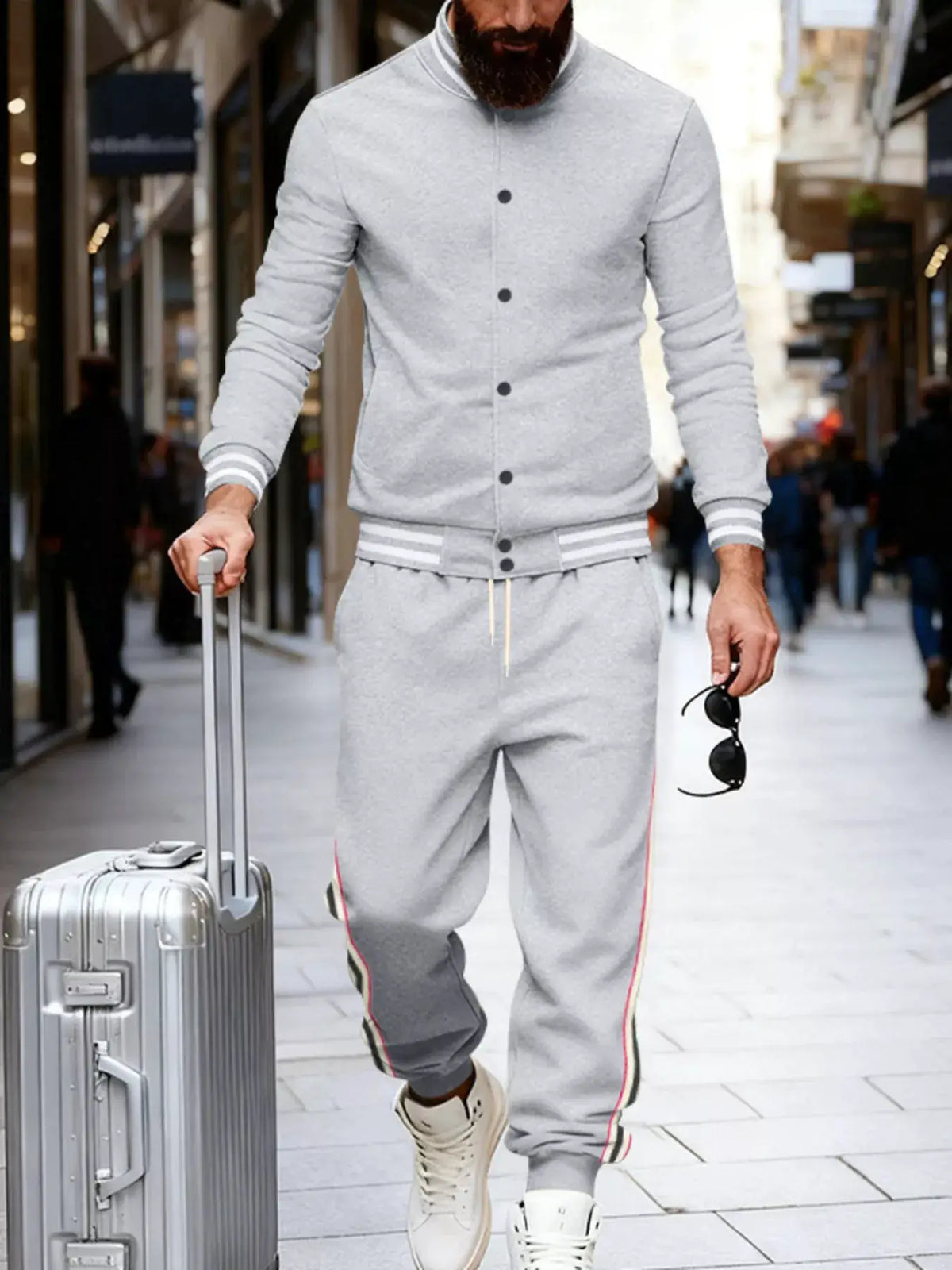 Men's grey striped snap-front loungewear set with drawstring waist and pockets