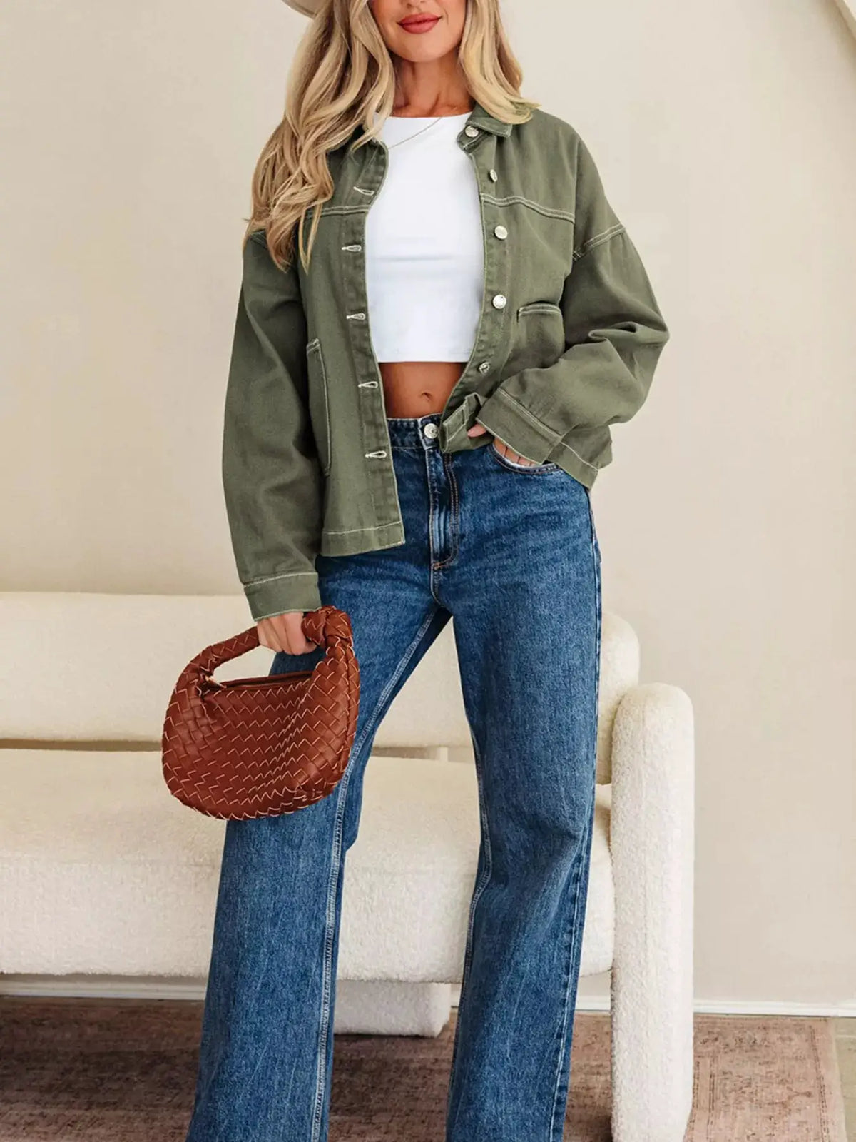 Boyfriend denim jacket olive green with patched front pockets and button closure.