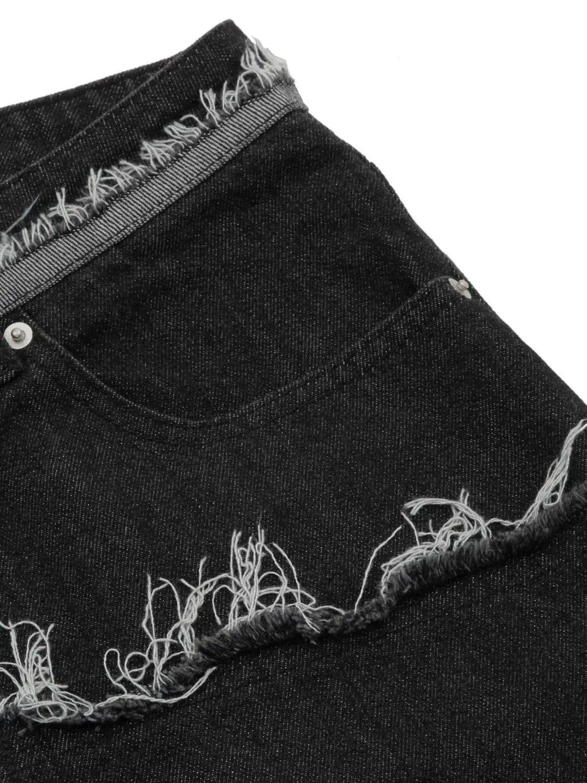Men's denim shorts with slight stretch, dark wash, frayed raw hem