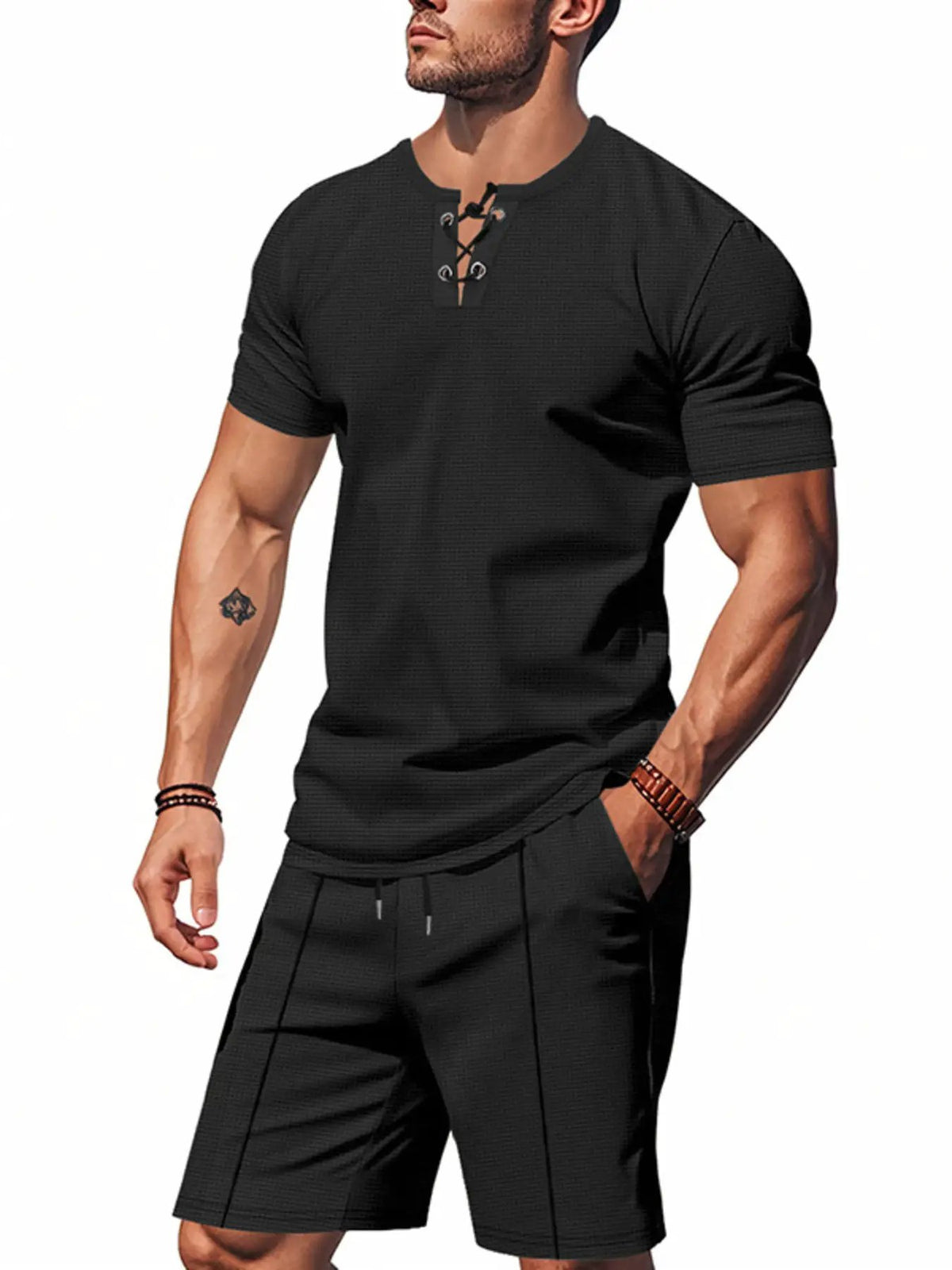 Men's plus-size black short-sleeve tee with lace-up neckline and matching pocketed shorts set