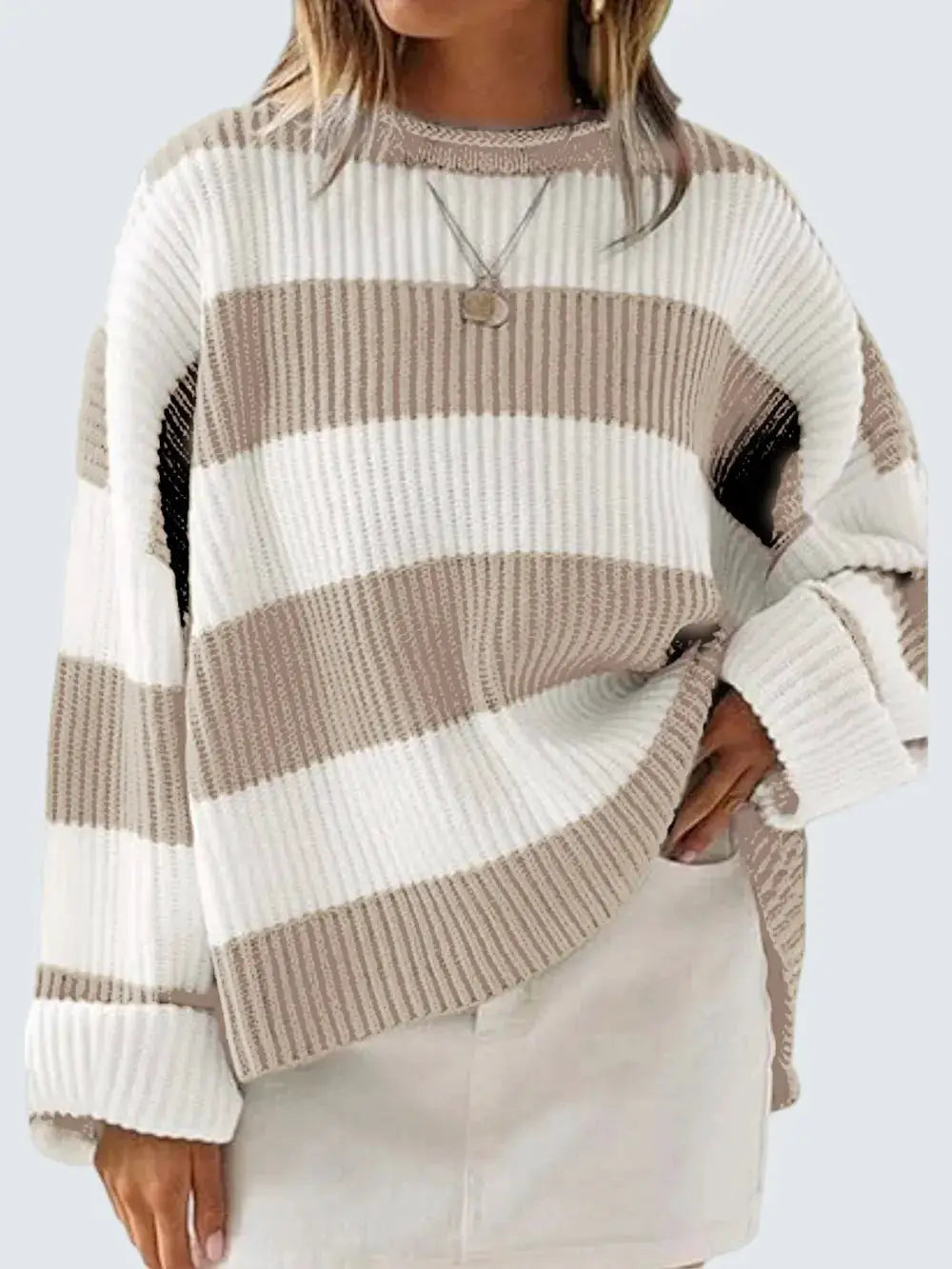 Essential Round Neck Long Sleeve Soft Stretch Sweater, taupe and white striped oversized knit by Trendsi.