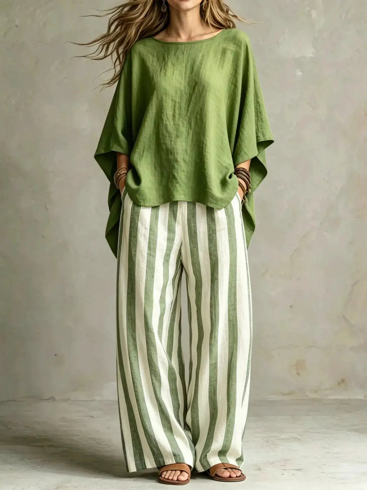Full Size Solid Color Top and Pants Set by Trendsi; two-piece olive-green top with green and white striped pants