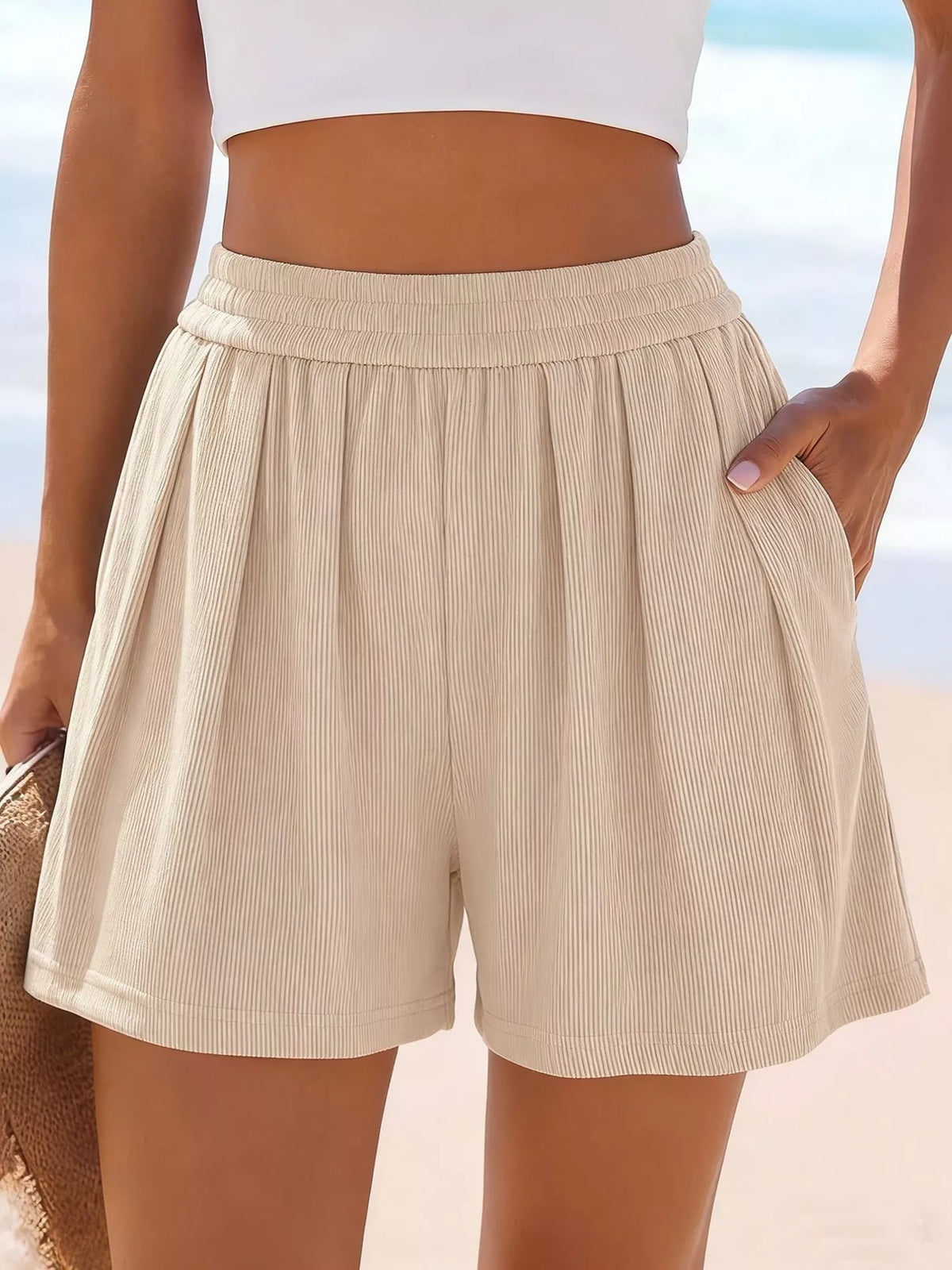 High-Waisted Shorts in beige ribbed fabric with a wide elastic waistband by Trendsi