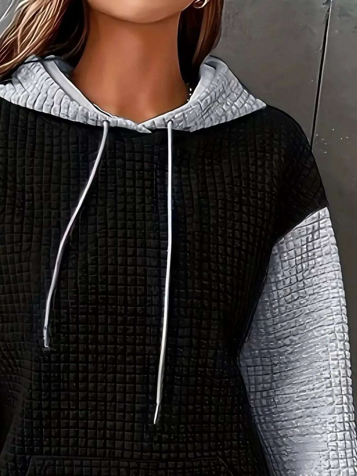 Full-Size Textured Kangaroo Pocket Hoodie Plus Size by Trendsi; black body with gray hood and white drawstrings