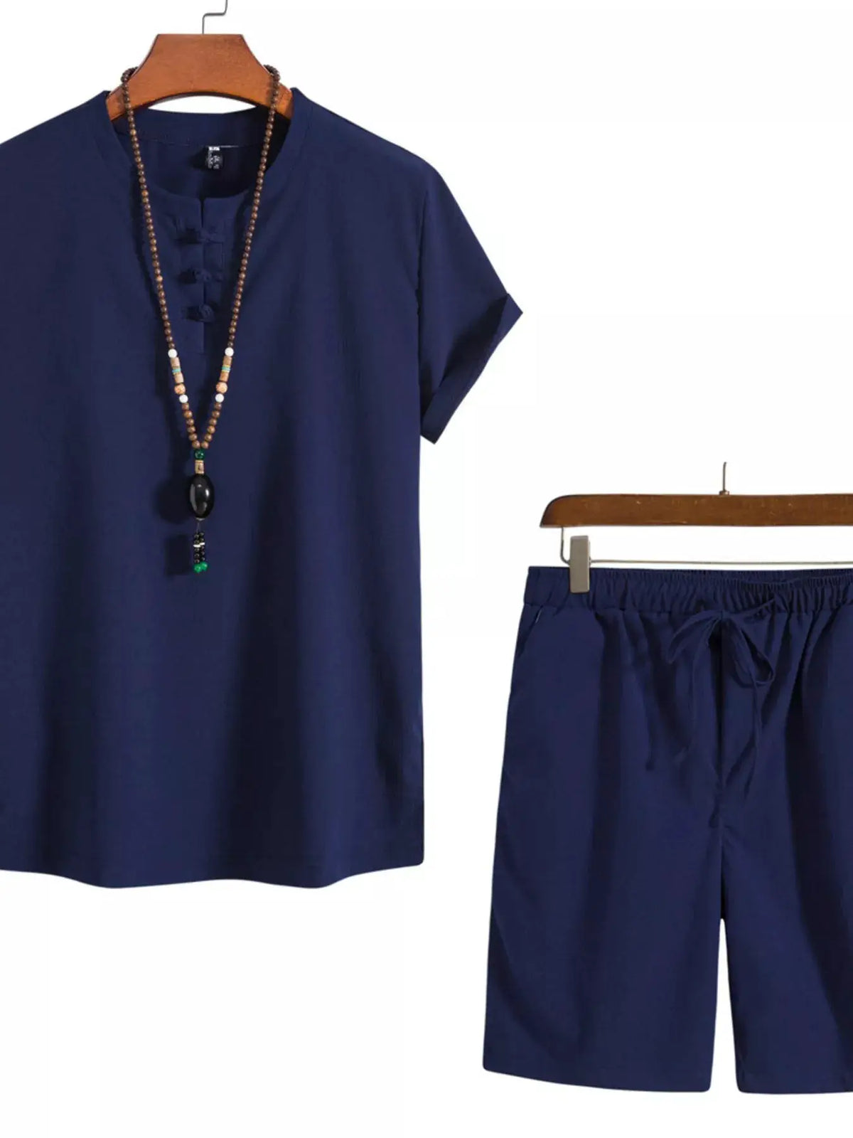 Mens plus-size mandarin-collar short-sleeve shirt and shorts set, navy blue, 2-piece by Trendsi.