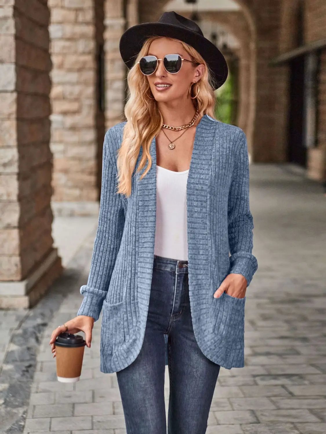 Trendsi women's blue ribbed knit stretchy open-front cardigan with deep side pockets