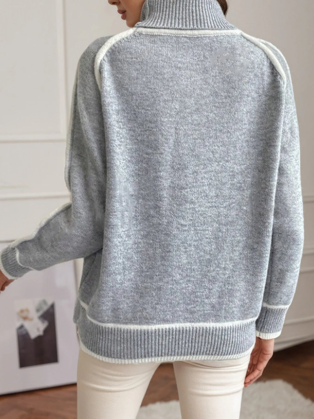 Trendsi turtleneck sweater in heather gray knit with white contrast trim and ribbed cuffs and hem