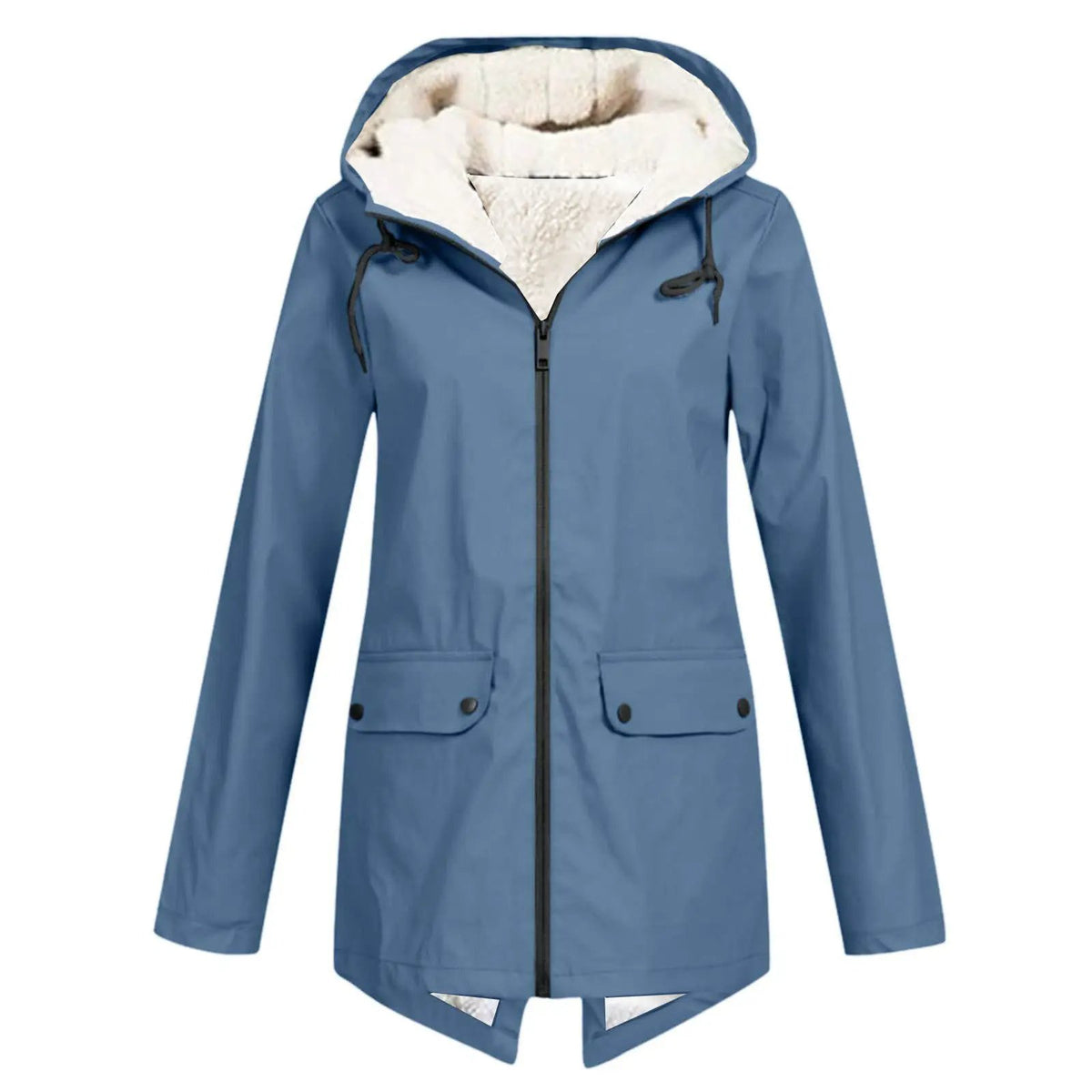 Unisex blue insulated hooded parka with cream fleece lining, two front pockets and front zipper