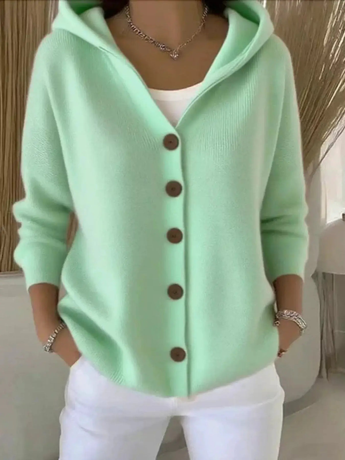 Plus-size hooded knit cardigan in mint green with brown front buttons