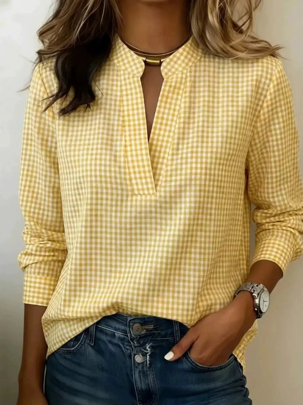 Plus-size yellow plaid notched long-sleeve blouse by Trendsi