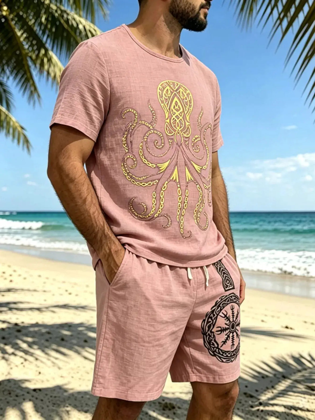 Mens plus-size two-piece loungewear set: pink tee and drawstring shorts with gold octopus print, Trendsi.