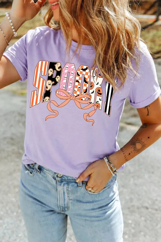 Halloween Spooky Letter Graphic T-shirt in lavender with multicolor letters and a pink bow