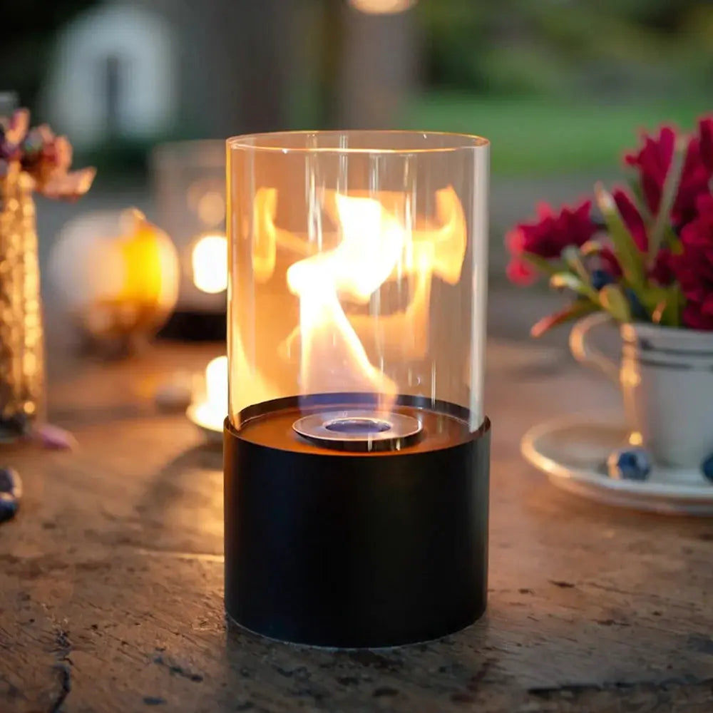 Tabletop fire bowl fireplace, 11.5-inch high with glass cylinder and black base — JHY DESIGN gel/ethanol fireplace