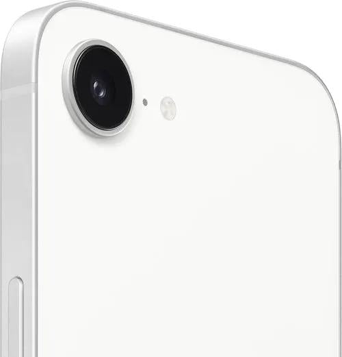 Apple iPhone 16e back view in white with single rear camera and flash