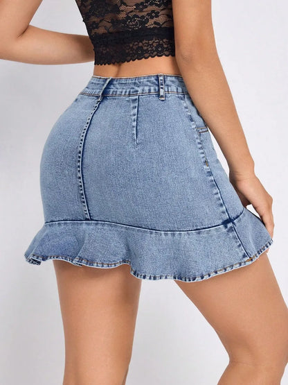 Mini-jupe en jean à ourlet volanté