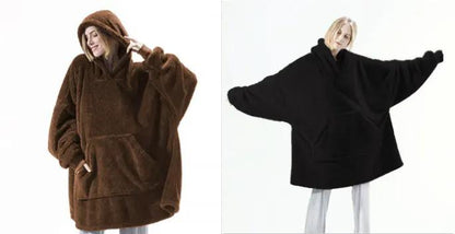 AdTec oversized double-sided fleece hoodie blanket in brown and black with large front pocket (2-pack)