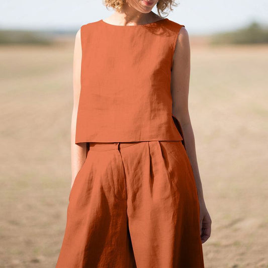 Traje de algodón de lino de algodón retro de color sólido de manga larga para mujer