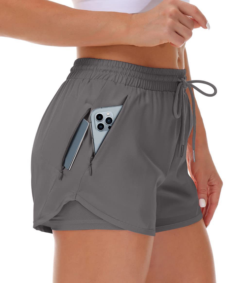 Pantalones cortos deportivos para mujer, de correr, yoga, dos piezas falsas