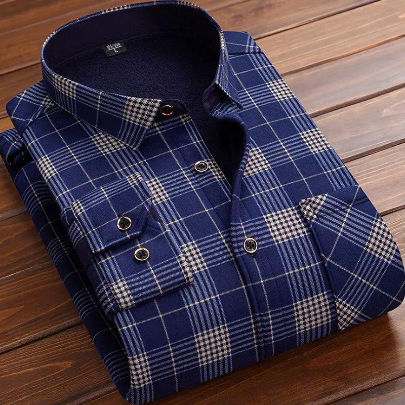 Mens fleece-lined plaid flannel shirt in blue with chest pockets and button-front