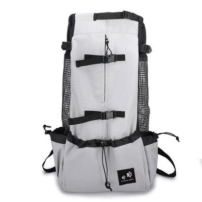 Dog carrier backpack in gray with black straps, side mesh pockets, travel-ready pet carrier bag