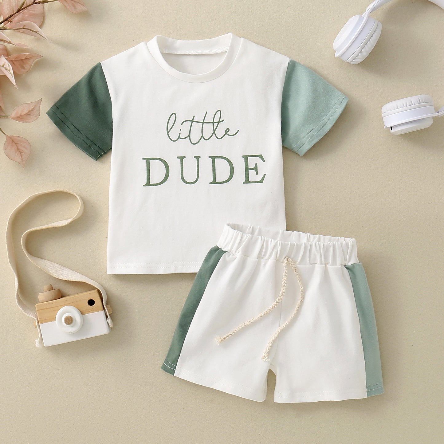 Ensemble T-shirt Enfant Manches Courtes Imprimé Anglais Patchwork Contraste de Couleurs