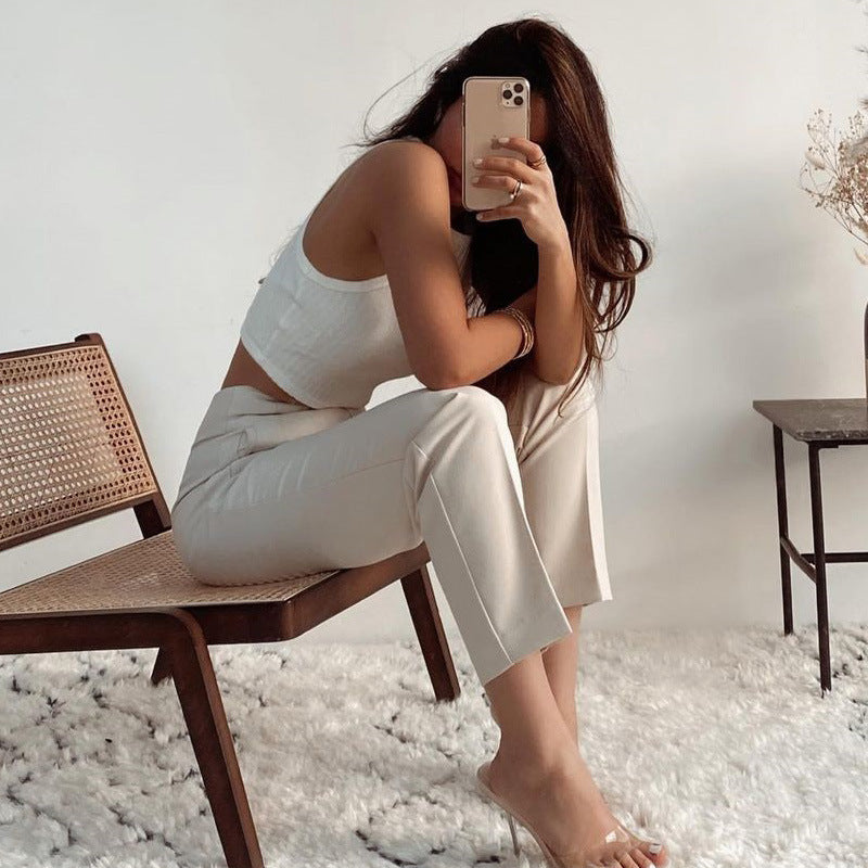 Pantalon plissé décontracté taille haute, couleur unie, coupe ajustée, basique