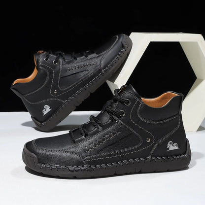 Men's black leather high-top shoes with flat laces, tan interior, rugged outsole from AdTec